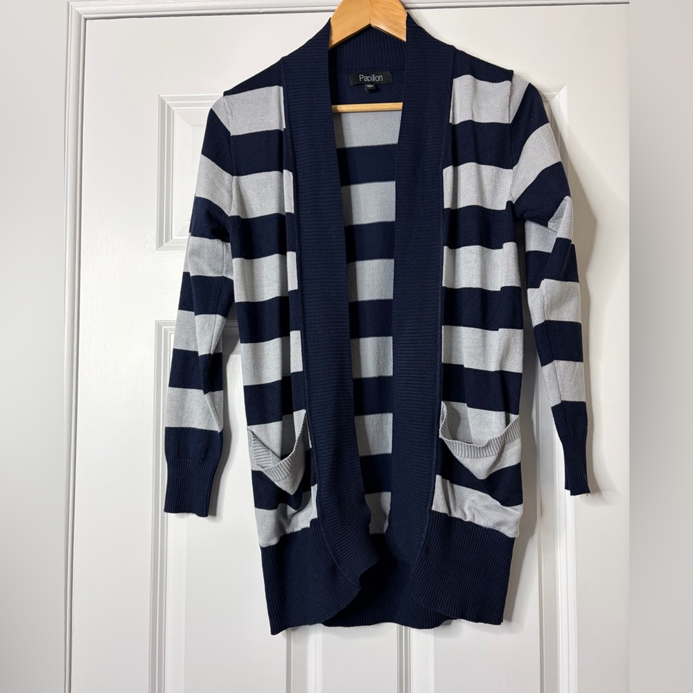 Papillon Blanc Navy and Gray Striped Open Front Long Sleeve Cardigan Size S